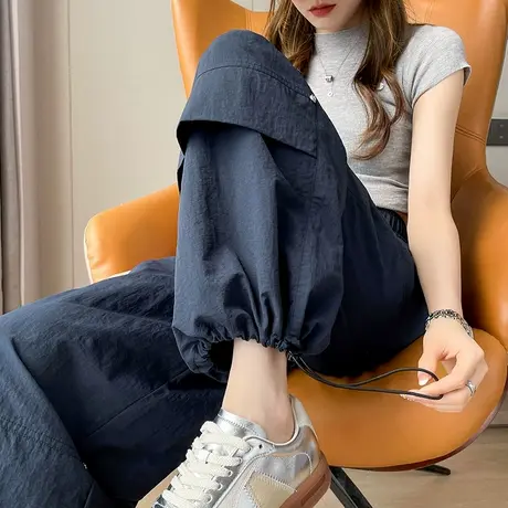 速干抽绳束脚工装裤女夏季薄款高腰宽松阔腿褶皱冰丝拖地运动裤子商品大图