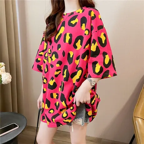 欧美韩版高端短袖t恤女2025新款夏季时尚洋气豹纹印花宽松版上衣商品大图