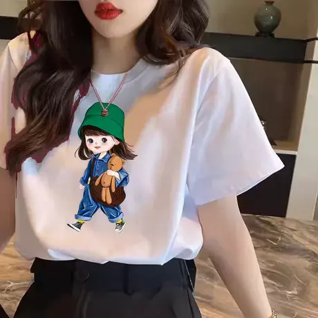 2025新款白色减龄t恤女短袖百搭夏季宽松卡通正肩纯棉显瘦ins上衣图片