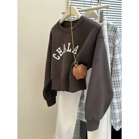 加绒加厚字母刺绣圆领长袖卫衣女秋冬宽松韩版小个子短款上衣外套图片