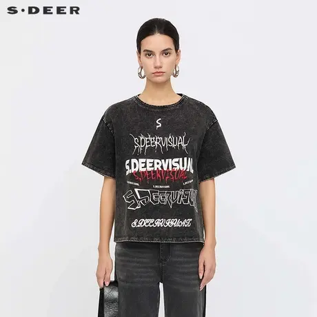 sdeer圣迪奥女装25年新品个性圆领撞色字母短袖T恤S25260111图片
