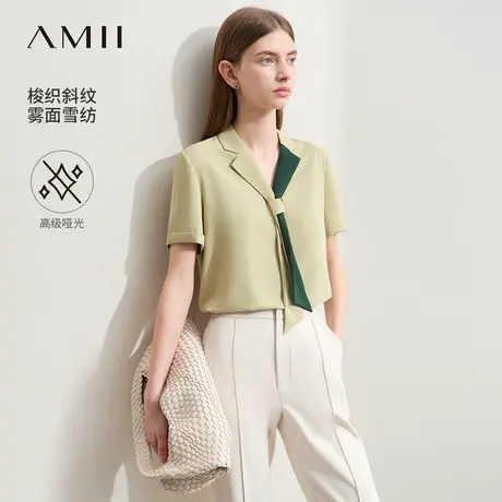 Amii2025夏新款极简通勤风V领翻领撞色领带不可拆短袖雪纺衫女商品大图