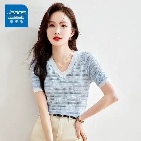 KP真维斯2025新款法式气质V领撞色条纹针织衫女时尚百搭短袖上衣商品大图
