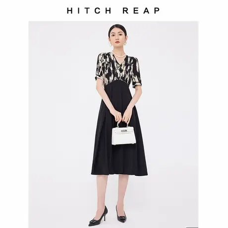 希区瑞普2024夏装新款短袖拼接过膝中长裙气质V领连衣裙F1756商品大图