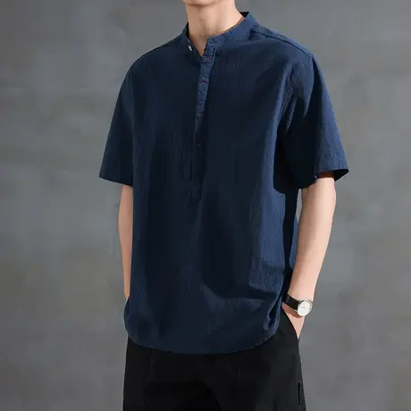 薄款男装 21支100%天然亚麻 复古亨利领T恤半开襟男士短袖衬衫夏商品大图