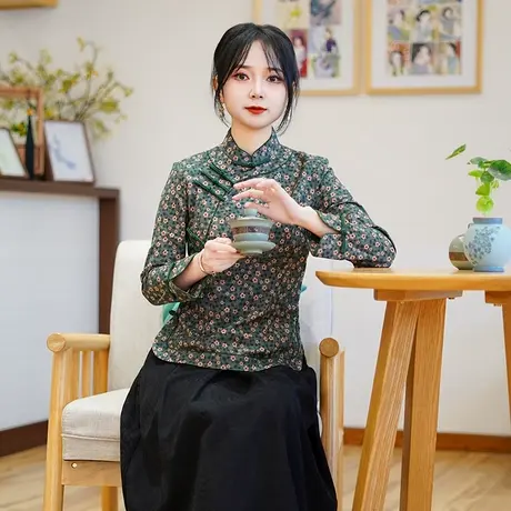 筠雅春季新款唐装中国风女装年轻款收腰显瘦新中式盘扣上衣25J039商品大图