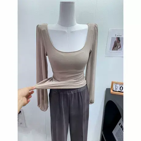 韩国ins洋气泡泡袖U领长袖T恤上衣女锁骨修身薄款内搭打底衫秋冬图片