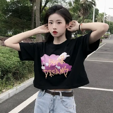 美式复古vintage短袖t恤女夏新款修身设计感小众高腰短款露脐上衣图片