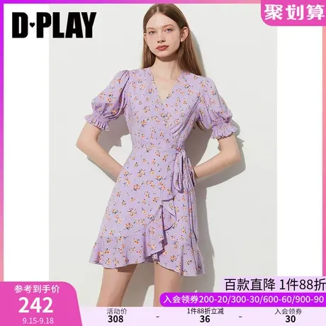 DPLAY2023夏新法式复古度假紫调碎花交叠系带茶歇裙印花连衣裙商品大图