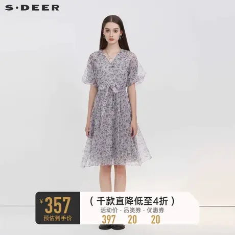 sdeer圣迪奥碎花裙女春装V领收腰泡泡袖茶歇连衣裙S223Z12Y3💶商品大图