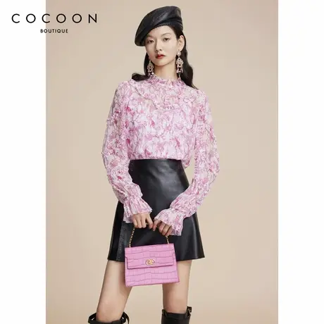 100%桑蚕丝 COCOON商场同款2024秋冬新款浪漫度假碎花雪纺衬衫女图片