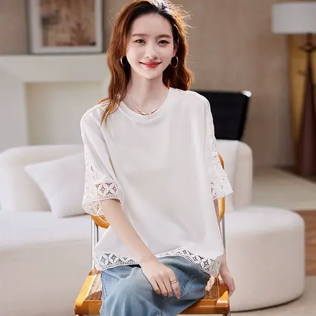 宝诗黎蝙蝠袖蕾丝拼接白色T恤2025夏季韩版简约百搭宽松棉质短袖图片