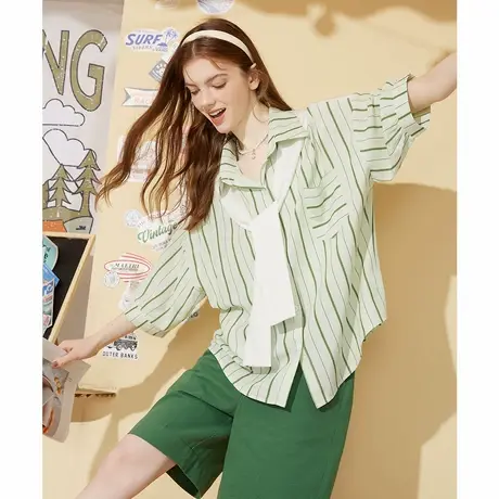a02【小清新假两件】披肩设计宽松条纹女式衬衫夏季新短袖商品大图