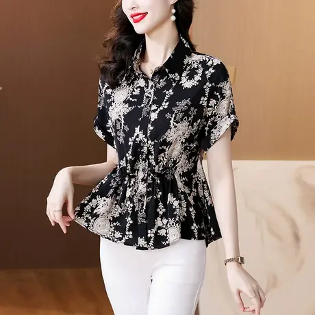 别致气质女士雪纺衬衫女夏装新款短袖女上衣大码胖MM收腰显瘦衬衣商品大图