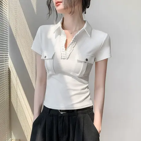 白色POLO领短袖女上衣夏薄款轻奢高级感修身内搭正肩流行外穿T恤商品大图
