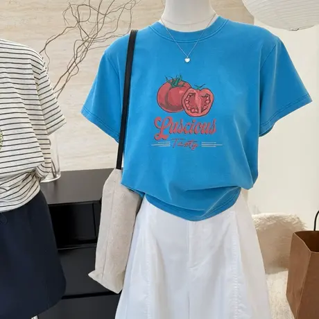 美式复古小个子正肩上衣设计感甜辣妹蓝色印花短袖t恤女百搭上衣商品大图