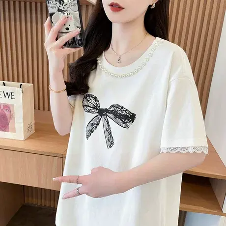 重工钉珠短袖t恤女2025新款夏季韩版宽松大码女装蕾丝花边上衣服图片