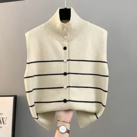 秋冬季新款叠穿半高领条纹宽松百搭毛衣开衫马甲针织背心韩系无袖商品大图