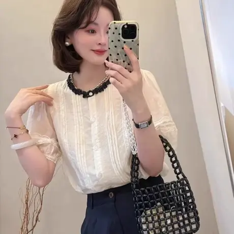法式蕾丝拼接短袖衬衫女薄款2025新款夏季减龄洋气泡泡袖小衫上衣商品大图