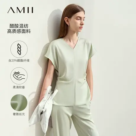 Amii2025夏新款高级V领连袖醋酸混纺T恤女修身显瘦收褶休闲上衣商品大图