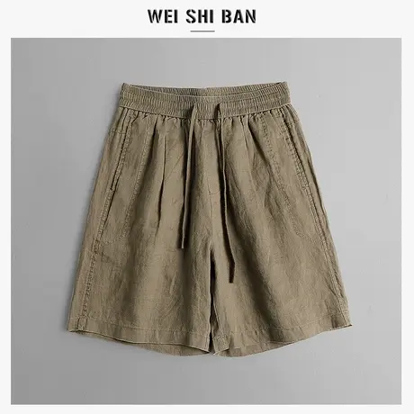 夏季新款100%纯亚麻五分裤男生日系薄款宽松休闲短裤松紧腰沙滩裤图片