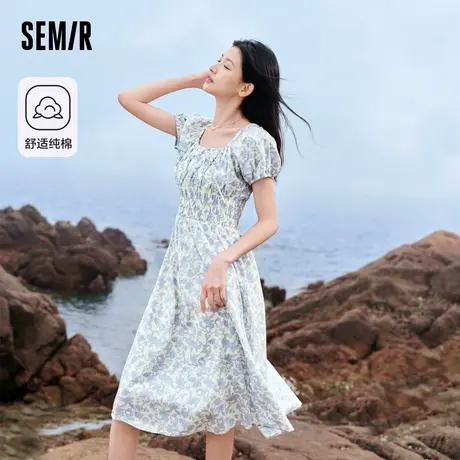 森马连衣裙女温柔气质白月光2024新款夏季法式方领收腰中长裙清新商品大图