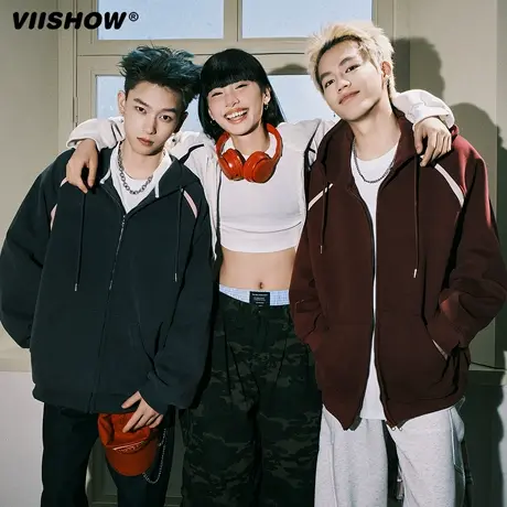 VIISHOW潮牌高街连帽开衫休闲卫衣男生秋款美式复古情侣帽衫外套图片