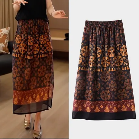 拉夏贝尔新中式国风印花半身裙女夏薄款2025年新款高腰开叉a字裙图片