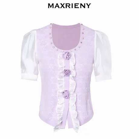 【奥莱】MAXRIENY玫瑰提花欧根纱泡泡袖套头针织上衣商品大图