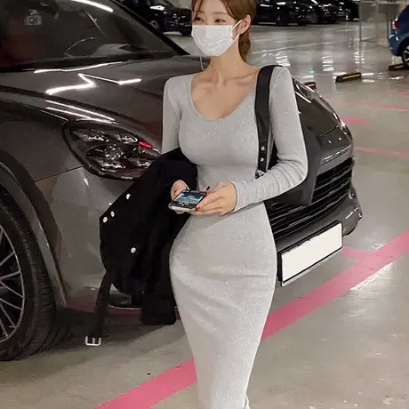 韩国女装东大门秋冬新款圆领螺纹棉修身开叉长裙性感包臀连衣裙潮商品大图