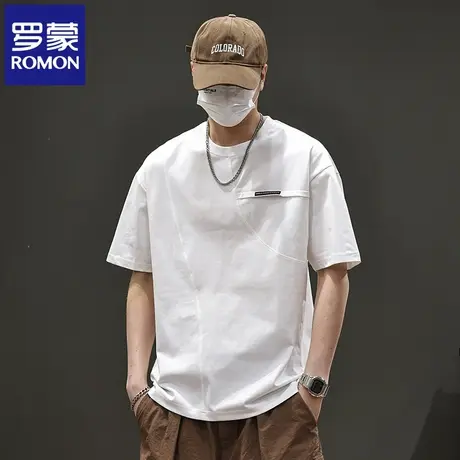 罗蒙2025夏季新款重磅冰丝短袖T恤男款圆领拼接时尚美式上衣潮N1Z商品大图