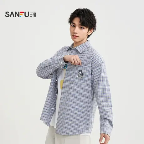 三福2025秋季男士小狗刺绣格纹长衬衫 休闲翻领落肩上衣506148图片