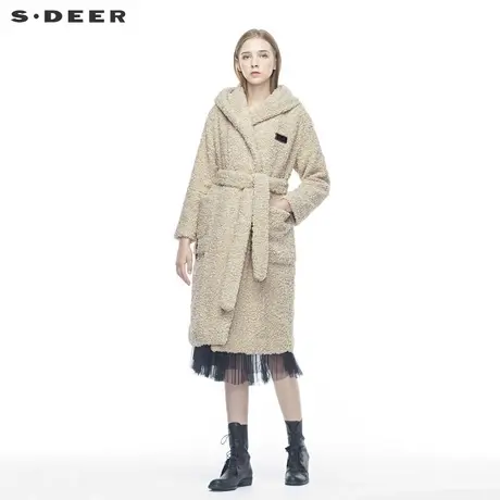 sdeer圣迪奥女休闲简约连帽夸张口袋抽绳收腰纯色大衣S184818A1图片