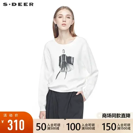 sdeer圣迪奥休闲简约圆领人像印花罗纹下摆长袖毛衣女S194835F4图片
