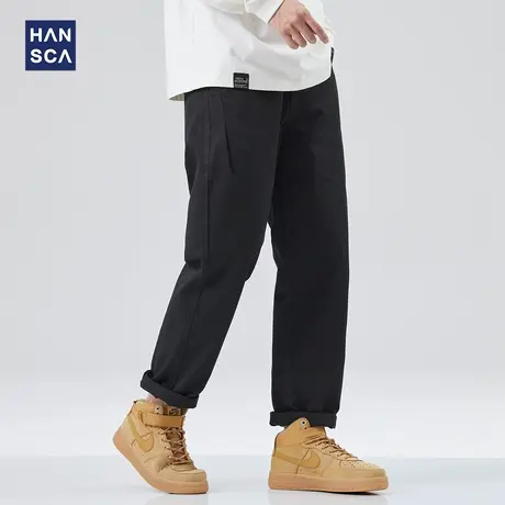 hansca黑色运动休闲裤男青少年春季简约纯色宽松直筒水洗工装裤子商品大图