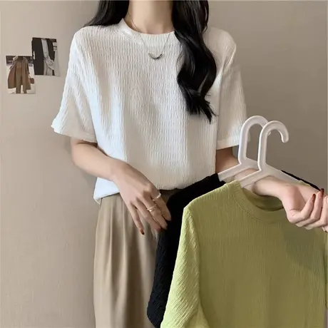 韩系高级感褶皱肌理感短袖T恤女夏装设计感小众宽松打底衫上衣服商品大图