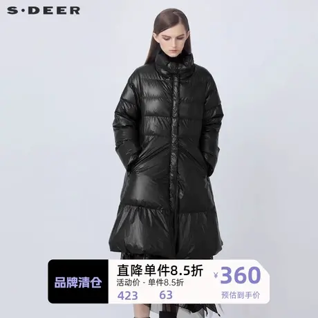 sdeer圣迪奥女装时尚高领亮面宽松A字黑色长款羽绒服S21482406图片