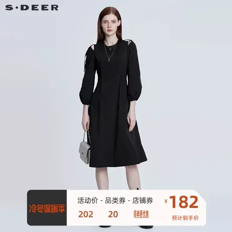 sdeer圣迪奥女装圆领挖肩压褶不规则灯笼袖连衣裙S22161217✌商品大图