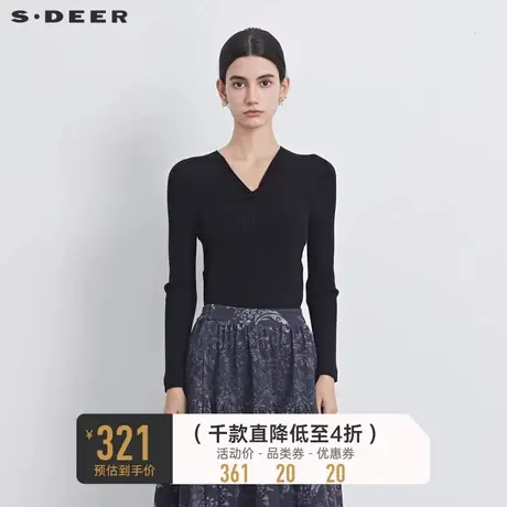 sdeer圣迪奥女装V领交叉拼接修身针织衫S233Z3570图片