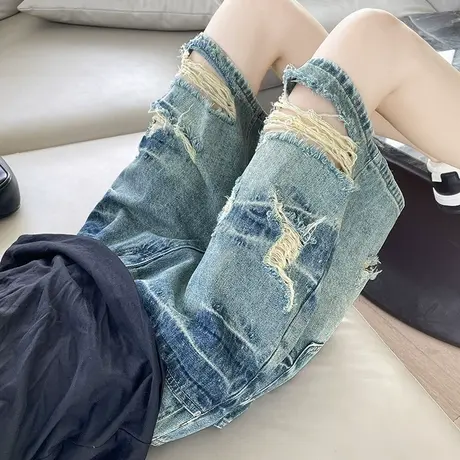 辣妹破洞牛仔短裤五分裤女2025夏季薄款高腰宽松显瘦乞丐阔腿中裤商品大图