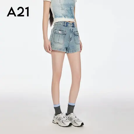 A21女装天蓝多口袋工装牛仔短裤2025夏季新款简约百搭显瘦直筒裤商品大图
