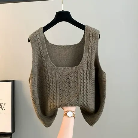 法式复古绞花马甲叠穿秋冬款软糯纯色毛衣外搭坎肩U领针织背心女商品大图