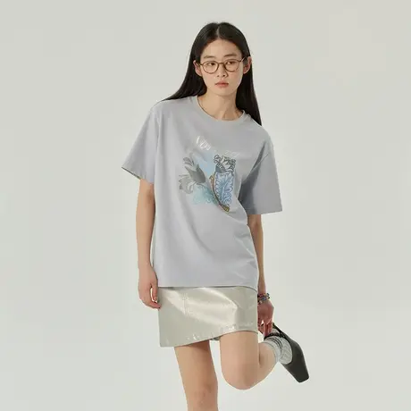 omont蛋挞家 复古印花短袖T恤女春季新圆领宽松休闲半袖上衣商品大图