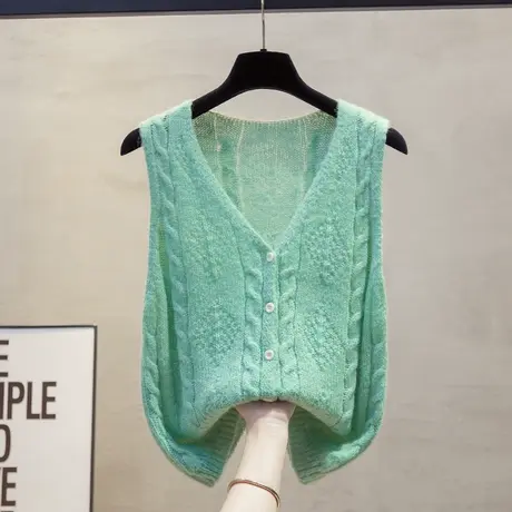 马海毛开衫v领针织马甲背心女2025春秋新款马夹叠穿麻花毛衣坎肩商品大图