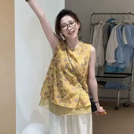 新中式国风无袖衬衫马甲女2025夏季新款印花马夹坎肩背心小衫上衣图片