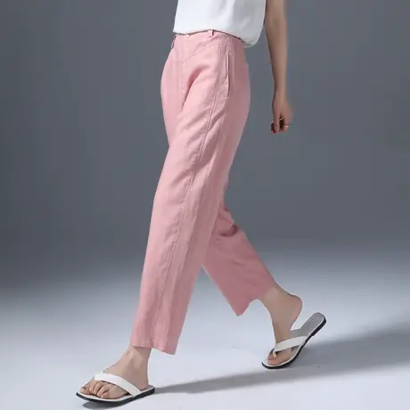 粉色夏季薄款天丝亚麻裤子女2025新款夏垂感冰丝九分哈伦裤休闲裤图片