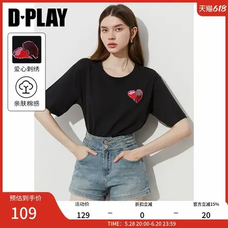 DPLAY2025年夏季新款黑色t恤女纯棉独特休闲宽松上衣短袖打底衫商品大图