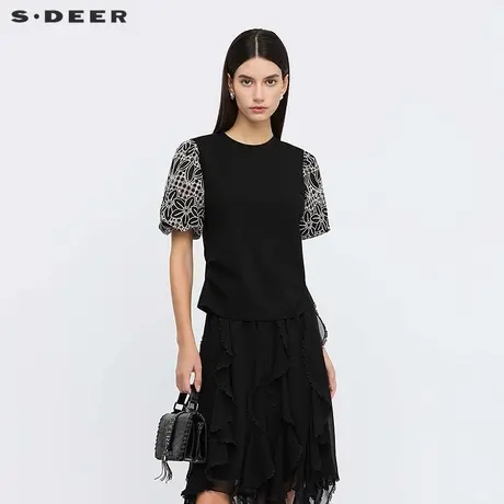 sdeer圣迪奥女装25年新品田园风圆领网纱撞色泡泡袖T恤S25260116图片