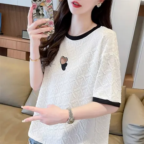 设计感小众短袖t恤女夏季韩版宽松大码女装小个子撞色褶皱上衣服商品大图