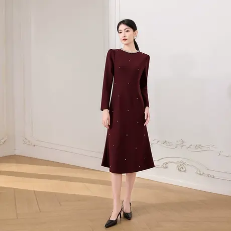 希区瑞普新款连衣裙气质长显瘦淑女裙圆领钉珠通勤泡泡袖收腰显瘦图片